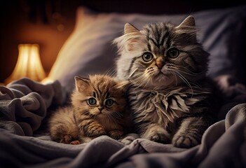 cat and kitten on a bed. Generative AI