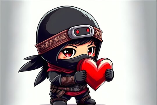 Cute Ninja Boy holds a heart in his hand cartoon white background 