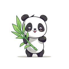 Mascot cartoon of cute smile panda holding green bamboo. 2d character vector illustration in isolated background
