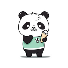 Mascot cartoon of cute smile panda holding delicious ice cream cone. 2d character vector illustration in isolated background