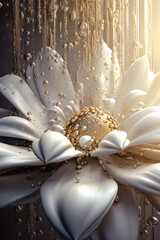 fantasy fragile white flower with golden drops close up