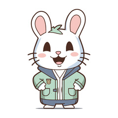 Mascot cartoon of cute smile rabbit wearing hoodie jacket. 2d character of disability vector illustration in isolated background