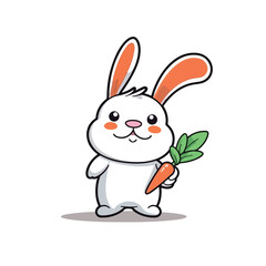 Mascot cartoon of cute smile rabbit holding big fresh orange carrot. 2d character of disability vector illustration in isolated background