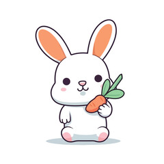 Mascot cartoon of cute smile rabbit holding big fresh orange carrot. 2d character of disability vector illustration in isolated background