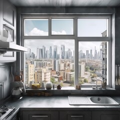 City panorama out of window in the kitchen, Generative AI