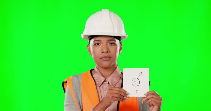 Construction, woman face and gender equality on green screen, poster or studio sign of fair pay gap. Portrait, serious or female engineer worker discrimination, equity and protest of bias opportunity