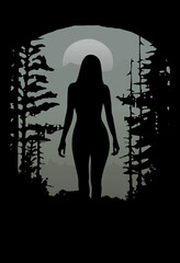 Silhouette of witch in the dark forest at night. Vector illustration.