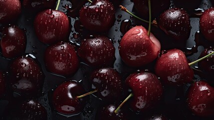 Cherries  with visible water drops. Seamless food photography background created using generative AI tools.