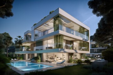 Luxurious residential development with pool, generative ai