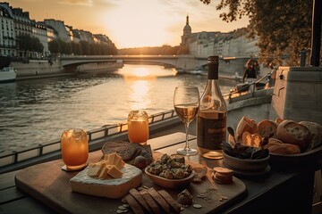 Luxury picnic in Paris with a cheese plateau and wine by the Seine, generative ai - obrazy, fototapety, plakaty