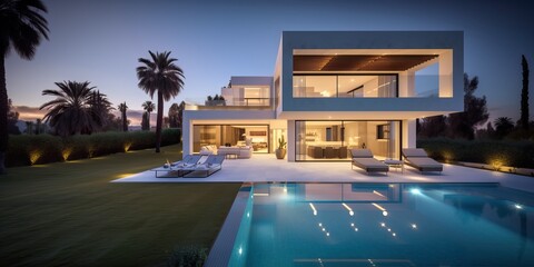 Fototapeta premium Luxury stone classic updated villa with swimming pool and garden, generative ai