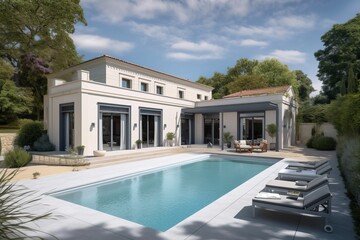 Modern impressive villa with swimming pool and garden, generative ai