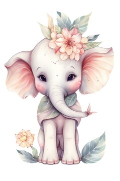 Floral Baby Elephant Animal Cartoon Nursery Wall Art © AyoChic