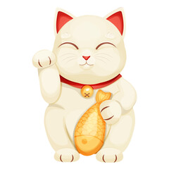 Maneki neko cat tradition figure lucky symbol, pet with collar and bell, golden fish in cartoon style isolated on white background