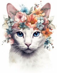 portrait of a cute cat, looking through flowers, drawing, generated in AI
