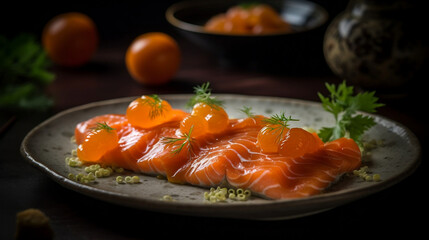 Fototapeta na wymiar Salmon Sashimi with Ponzu melt in the mouth salmon served