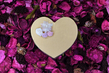 Flat, top view, love heart in the middle of pink coloured potpourri, dark pine cones, flower buds, filling the frame, soft lighting 