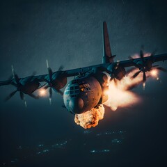 ac130 gunship firing down 35 mm photo realistic at night storyboardscolor graded high detail film grain cinematic realism Retro color grading 70s color grading Leica 50mm F2 Depth of field cinematic 