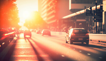 traffic jams in the capital There is a flare from the sun behind, Generative AI