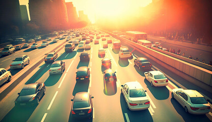 traffic jams in the capital There is a flare from the sun behind, Generative AI