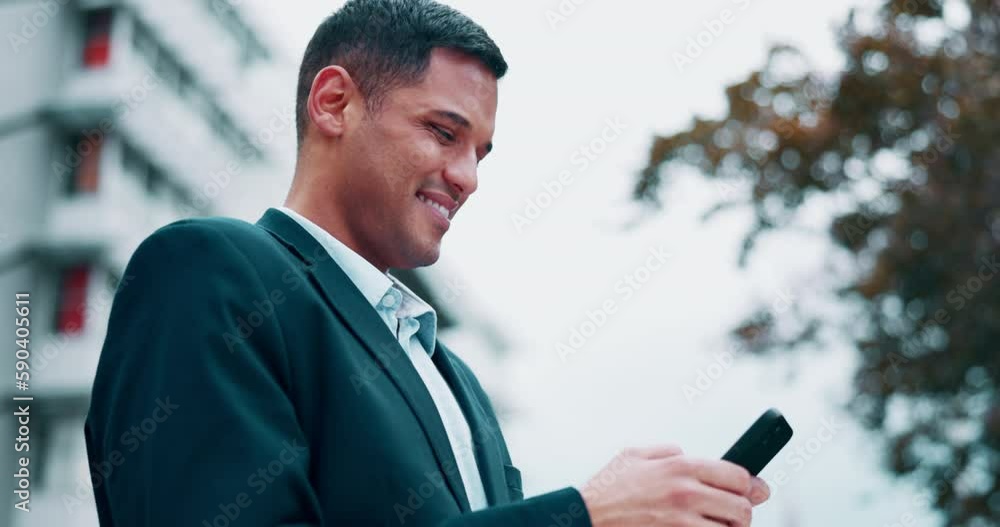 Poster happy, smartphone and business man in city typing, communication and chat with networking on commute