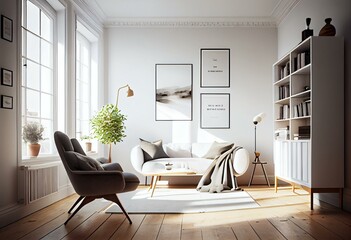 Open white poster, armchair, panoramic window, books, white wall, white ceiling, coffee table, oak hardwood floor; this is a frontal view of a light living room interior. The principle. Generative AI