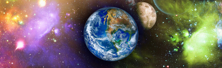 Earth from space. Earth globe with stars and nebula background. Earth, Galaxy and Sun from space. Blue Sunrise.Elements of this image furnished by NASA