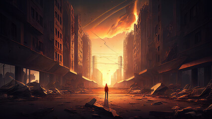 Destroyed city post- apocalypse concept. futuristic cityscape illustration. AI generated	
