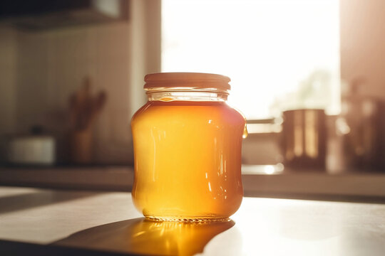 Glass jar filled with honey on kitchen counter. Generative AI illustration