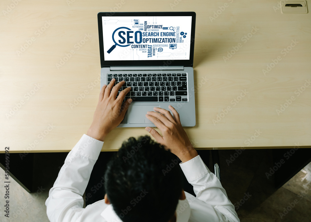 Aufkleber seo search engine optimization for modish e-commerce and online retail business showing on computer 