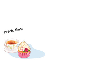 紅茶とマフィン　ティータイム　白背景　イラスト　カップケーキ　生クリーム　ホイップクリーム　ブレイクタイム　おやつ　スイーツ