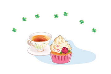 紅茶とマフィン　ティータイム　白背景　イラスト　カップケーキ　生クリーム　ホイップクリーム　ブレイクタイム　おやつ　スイーツ