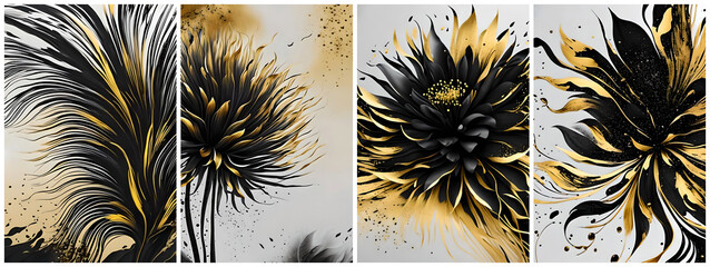 Abstract art posters with flowers, drawn in a free brush technique, black ink painting with gold for interior design, decor, packaging, invitation, print. AI generated.