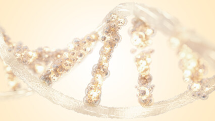 DNA molecule from particles and clipping path. has white appearance, transparent and yellow light glow. can be used in education, science or cosmetics industry background. 3D render.