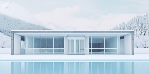 luxury all-white mansion with a gorgeous swimming pool in snowy weather from Switzerland. generative ai