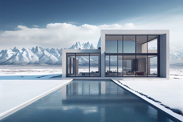 luxury home with magnificent architecture and a swimming pool in Alaska. generative ai