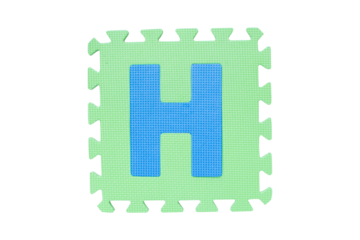ฺJigsaw English English uppercase "H" alphabet foam plastic Isolated on cutout PNG. Jigsaw box with character. Colorful foam alphabet puzzle pieces. English used in learning education for children.