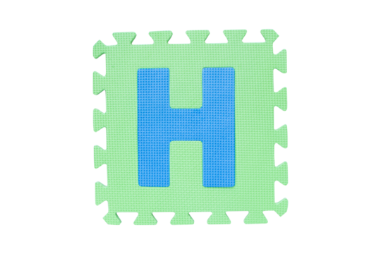 ฺJigsaw English English uppercase "H" alphabet foam plastic Isolated on cutout PNG. Jigsaw box with character. Colorful foam alphabet puzzle pieces. English used in learning education for children.
