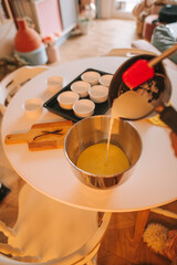 Crème brûlée with fresh vanilla and fruit, process of making.