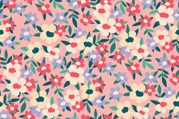 Seamless floral pattern, ditsy print in liberty style. Cute botanical design for fabric, paper with spring meadow: small hand drawn flowers, leaves on a light pink background. Vector illustration.