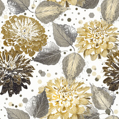 Seamless monochrome retro floral pattern. Yellow, brown flowers on a white background.