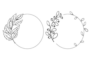 floral bohemian elegant aesthetic circle frame with leaves in doodle style isolated on white background.