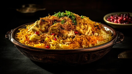 Colorful and Aromatic Biryani Rice Dish, Ultra-Detailed Food Photography. Generative AI