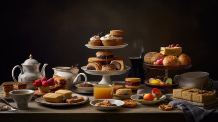 Indulge in the Classic British Tradition of Afternoon Tea with an Assortment of Sweet and Savory Tidbits, Food Photography. Generative AI