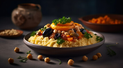 Aromatic and colorful Algerian Couscous dish for a healthy meal, food photography. Generative AI