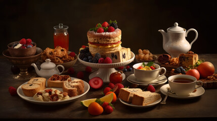 Obraz na płótnie Canvas Indulge in the Classic British Tradition of Afternoon Tea with an Assortment of Sweet and Savory Tidbits, Food Photography. Generative AI