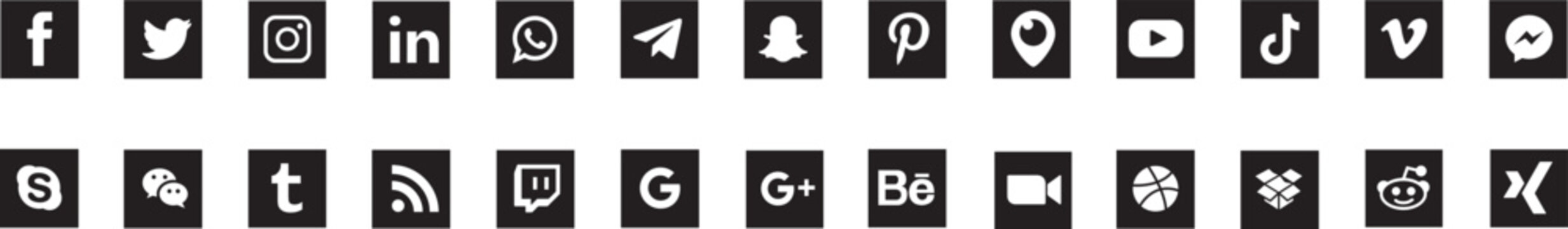 Sets of social media icons with square design with black  background. Vector editorial