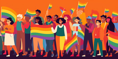 Pride parade: An illustration of a parade with people waving rainbow flags, wearing colorful clothing, and celebrating the spirit of Pride Month. Generative AI.