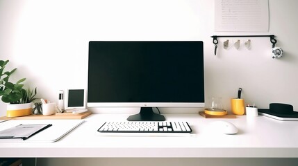a white desktop and a monitor with various objects on it