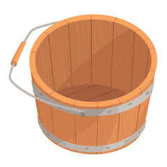 Wooden bucket with handle and without water. Container or empty pail for spa, sauna. Vector illustration isolated on white background